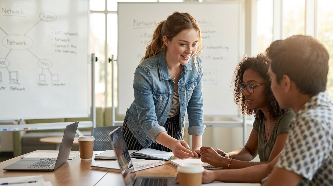 A diverse group of three college students collaborating around a conference table with laptops, whiteboards with network