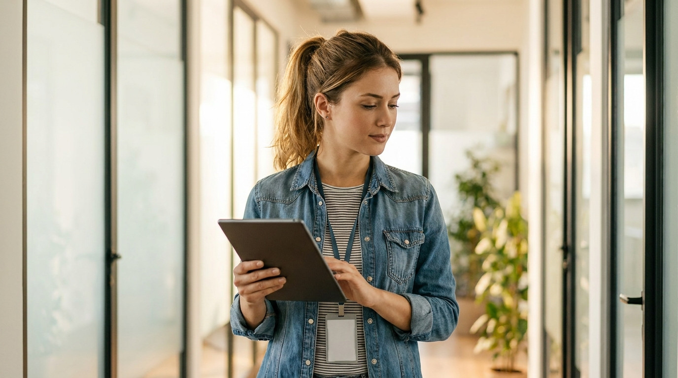A young professional in business casual attire reviewing cybersecurity documentation on a tablet while standing in a mod