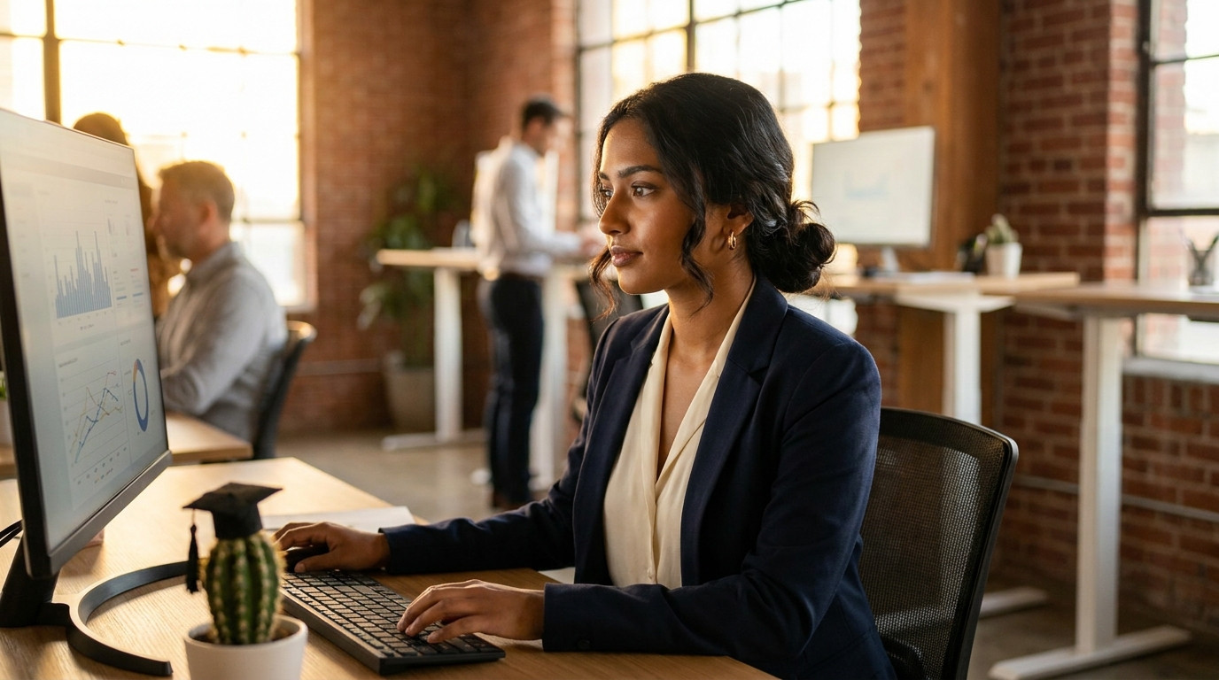 A young professional in business casual reviewing operational data on a large monitor, seated in a modern open-plan offi