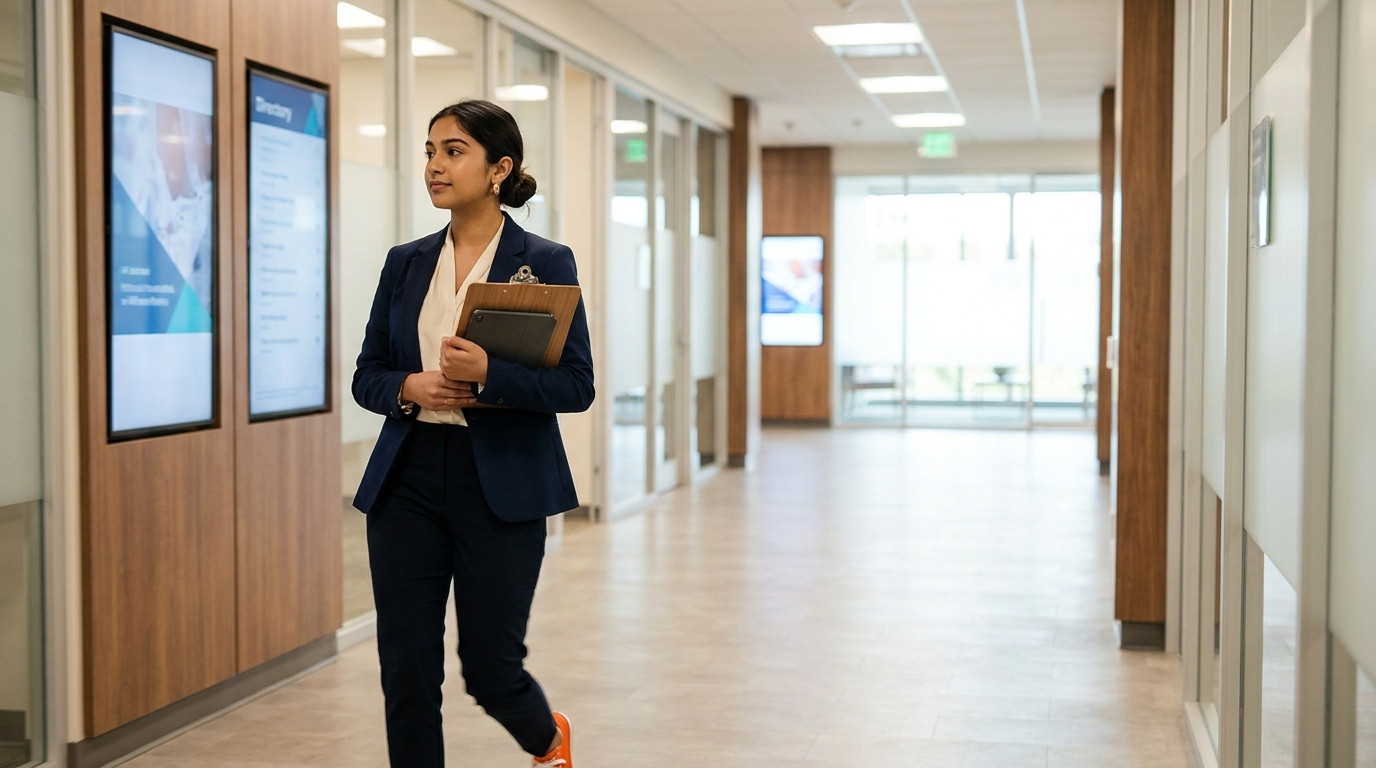 A young professional in business attire walking purposefully through a modern healthcare facility hallway carrying a cli