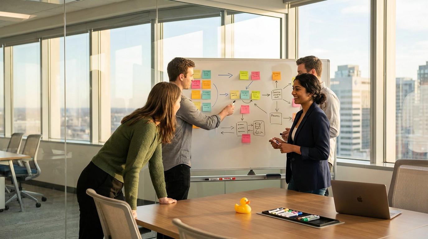 Four young professionals collaborating around a large whiteboard covered in colorful sticky notes and process diagrams,