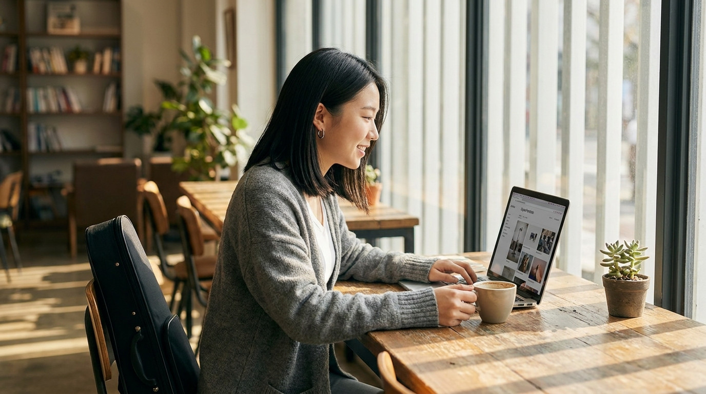 A young music graduate sitting at a café table with a laptop and a cup of coffee, reviewing a digital portfolio on scree