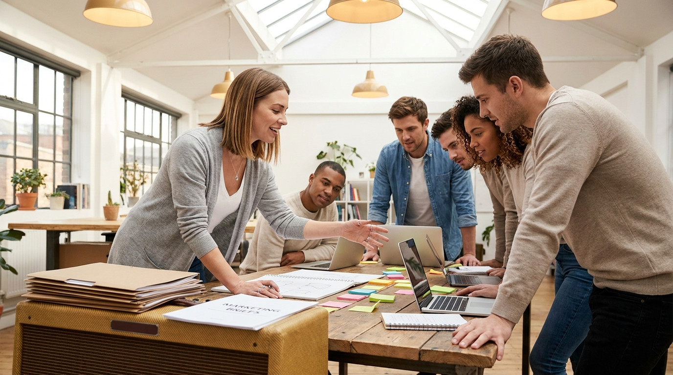 A diverse group of five young professionals collaborating around a large table covered with laptops, notebooks, and stic