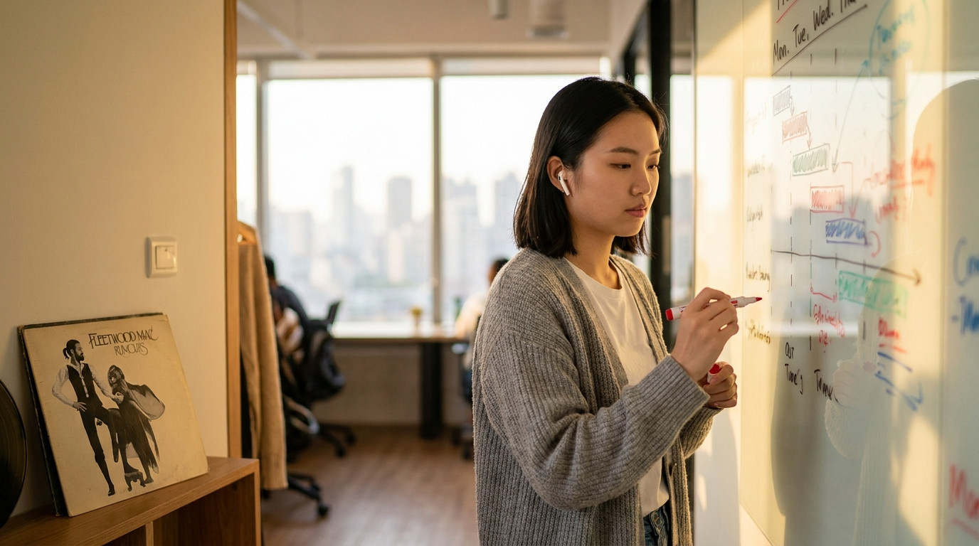 A young professional standing at a whiteboard in a modern coworking space, sketching out a project timeline with colorfu