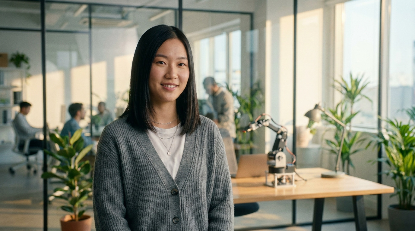 A young professional in a casual blazer standing confidently in a modern tech office, glass-walled meeting rooms and gre