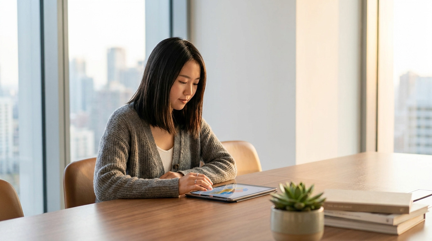 A young professional sitting alone at a polished conference table in a consulting-style office, reviewing a slide deck o