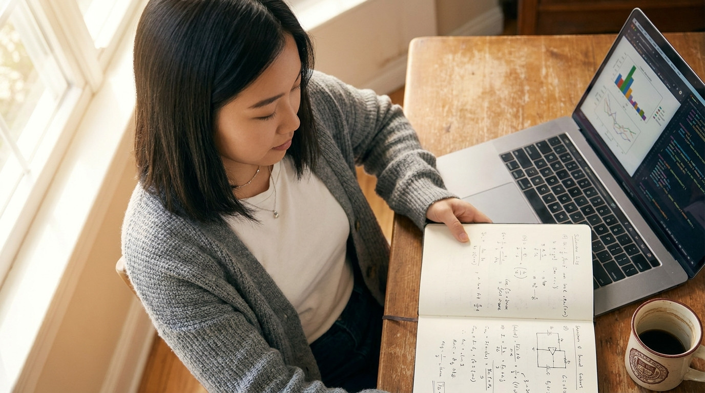 A close-up of an open engineering notebook filled with handwritten equations and circuit diagrams, sitting next to a lap