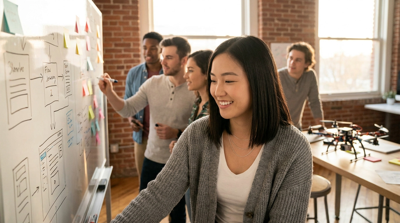A diverse group of four young professionals gathered around a large whiteboard covered in technical diagrams and sticky