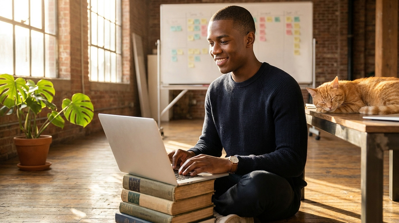 A young writer sitting cross-legged in a sunlit loft workspace, typing on a laptop balanced on a stack of vintage hardco