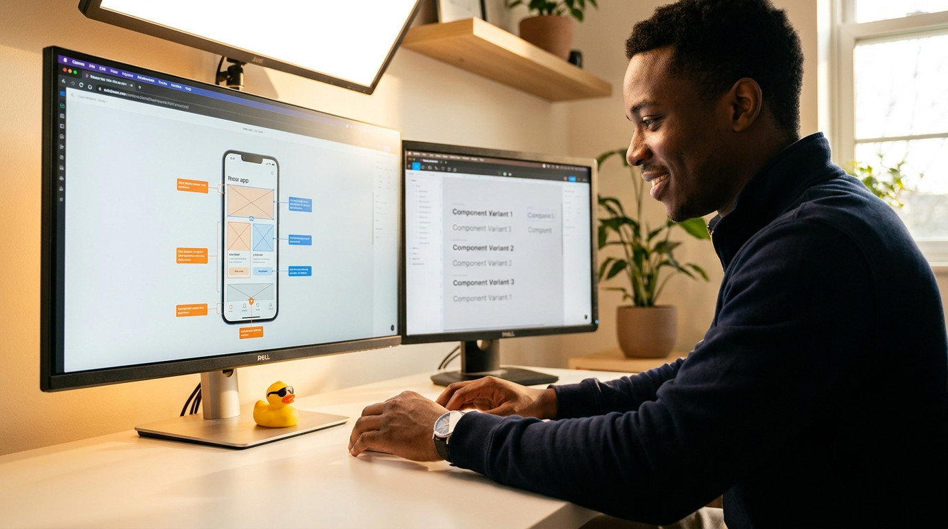 A close-up of a designer's ultrawide monitor displaying a mobile app wireframe with highlighted microcopy annotations in