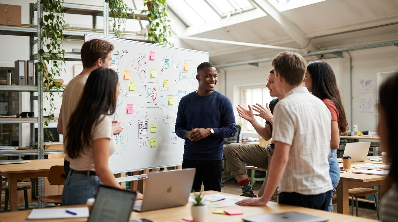 A diverse group of five young creatives huddled around a whiteboard covered in colorful brand strategy sketches and stic