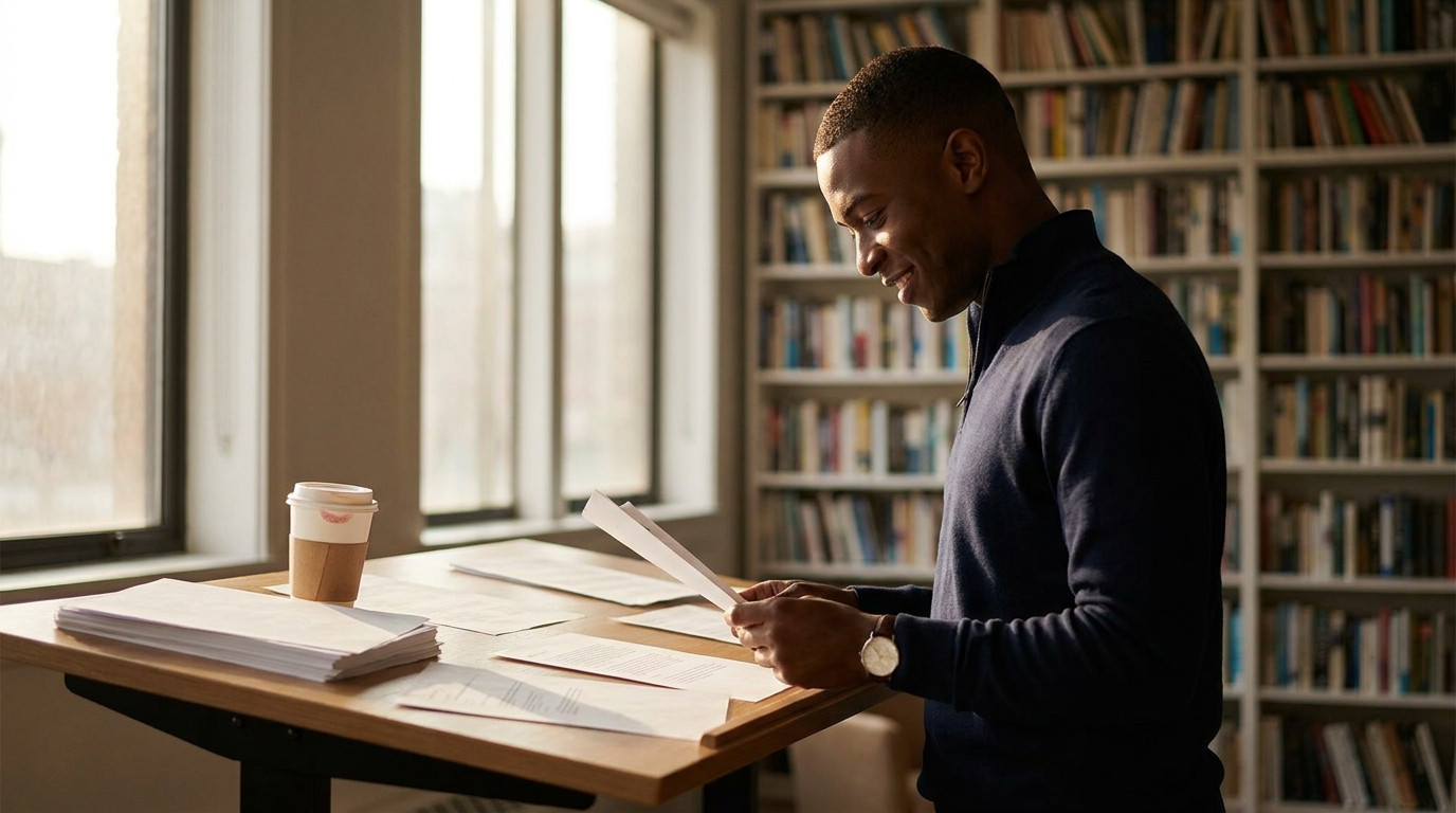 A young professional reviewing a contract at a standing desk in a modern publishing office with floor-to-ceiling bookshe