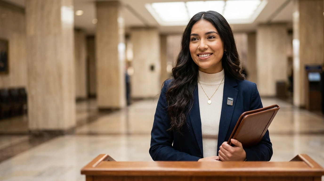 A young professional standing confidently at a podium in a government building lobby with marble columns and polished fl