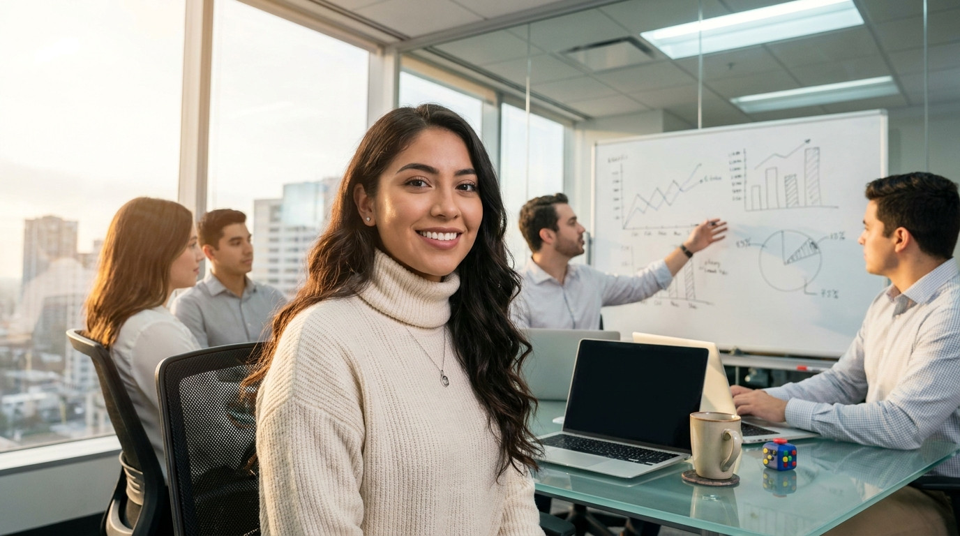 A group of four young professionals gathered around a glass conference table in a sleek Big Four-style office. Laptops o