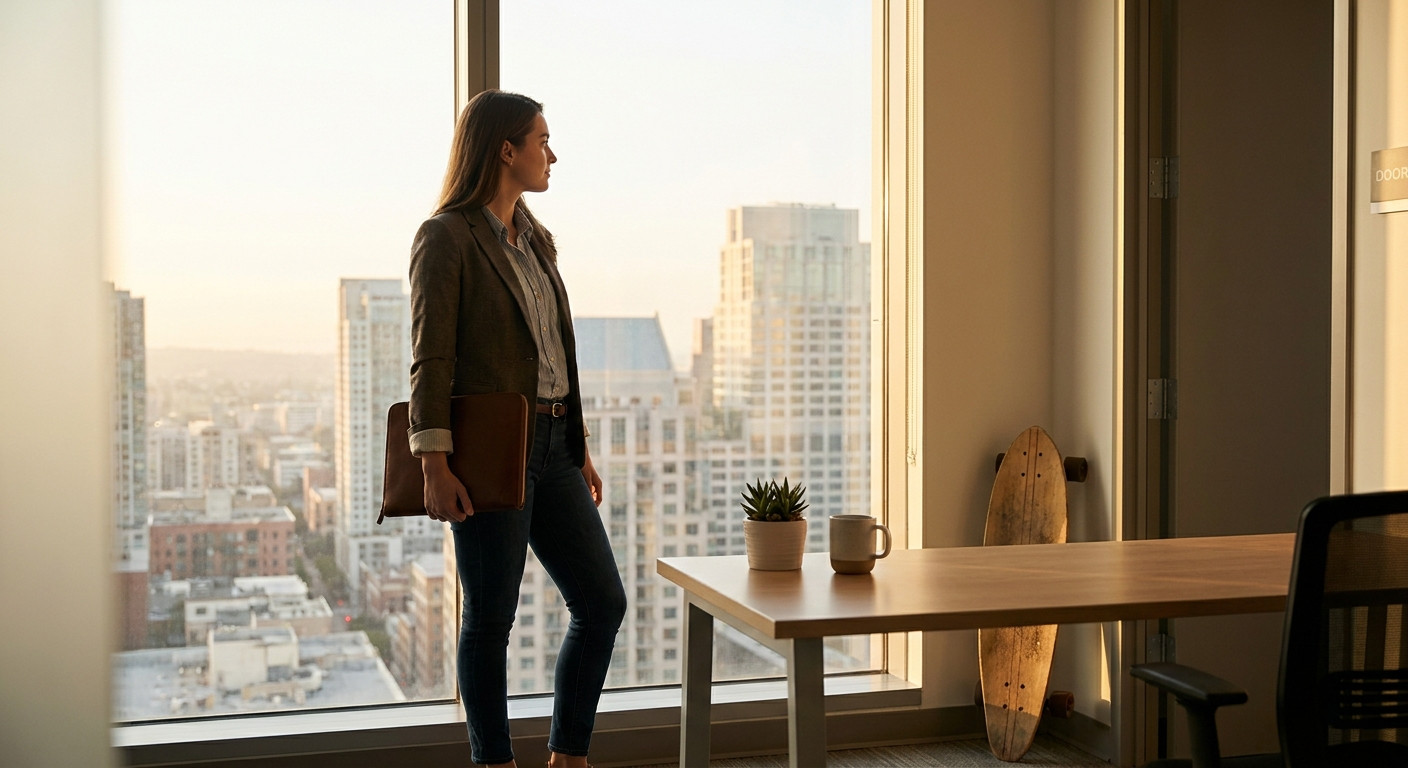 A young financial professional reviewing data on a widescreen monitor in a modern open-plan office. Clean white desk wit
