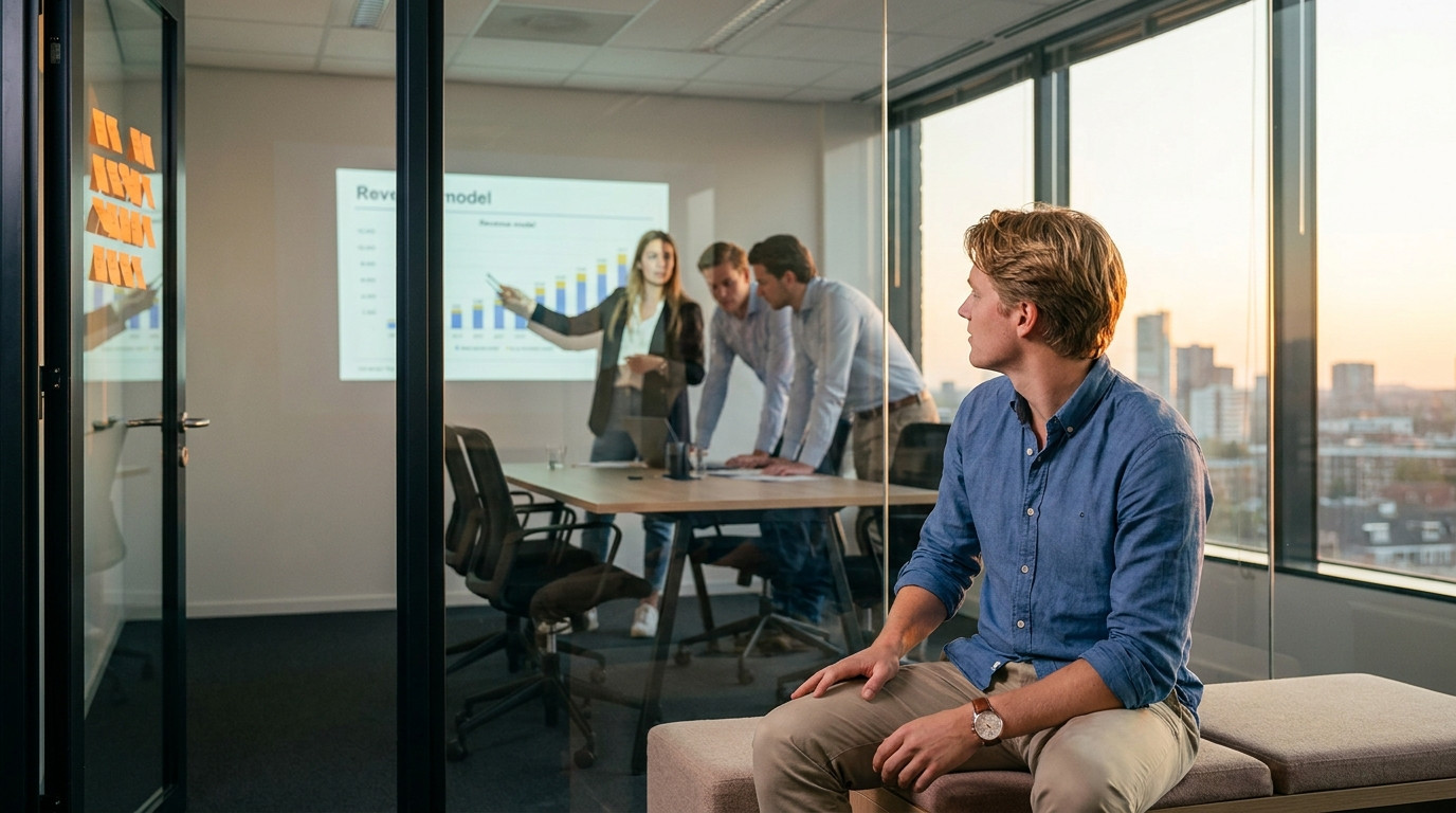Three young professionals in business casual gathered in a glass-walled meeting room reviewing a financial model project