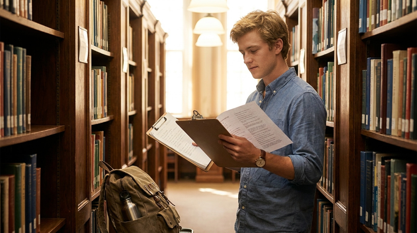 A focused student standing in a narrow university library aisle between tall wooden shelves, comparing a printed transcr
