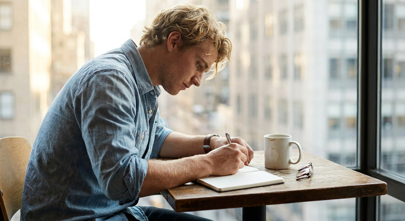 A determined college student in business casual circling dates on a printed internship application timeline with a pen,