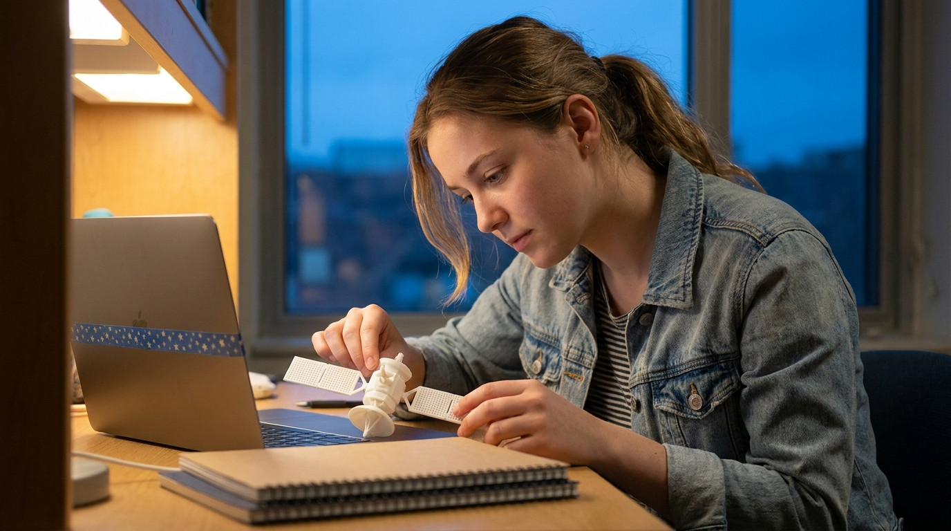 A focused college student in a hoodie carefully adjusting a small 3D-printed model of a satellite on her dorm desk, clos