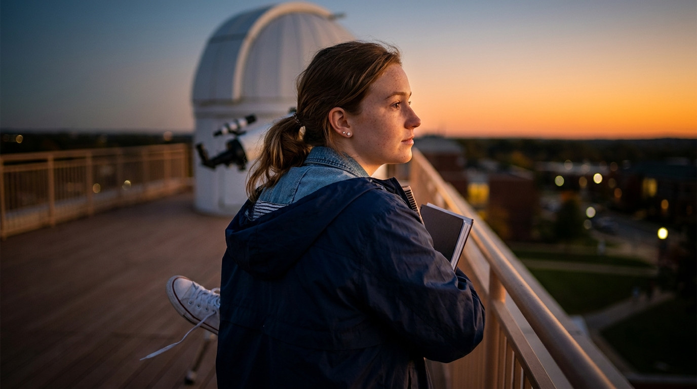 A student in a light windbreaker standing at the railing of a university observa
