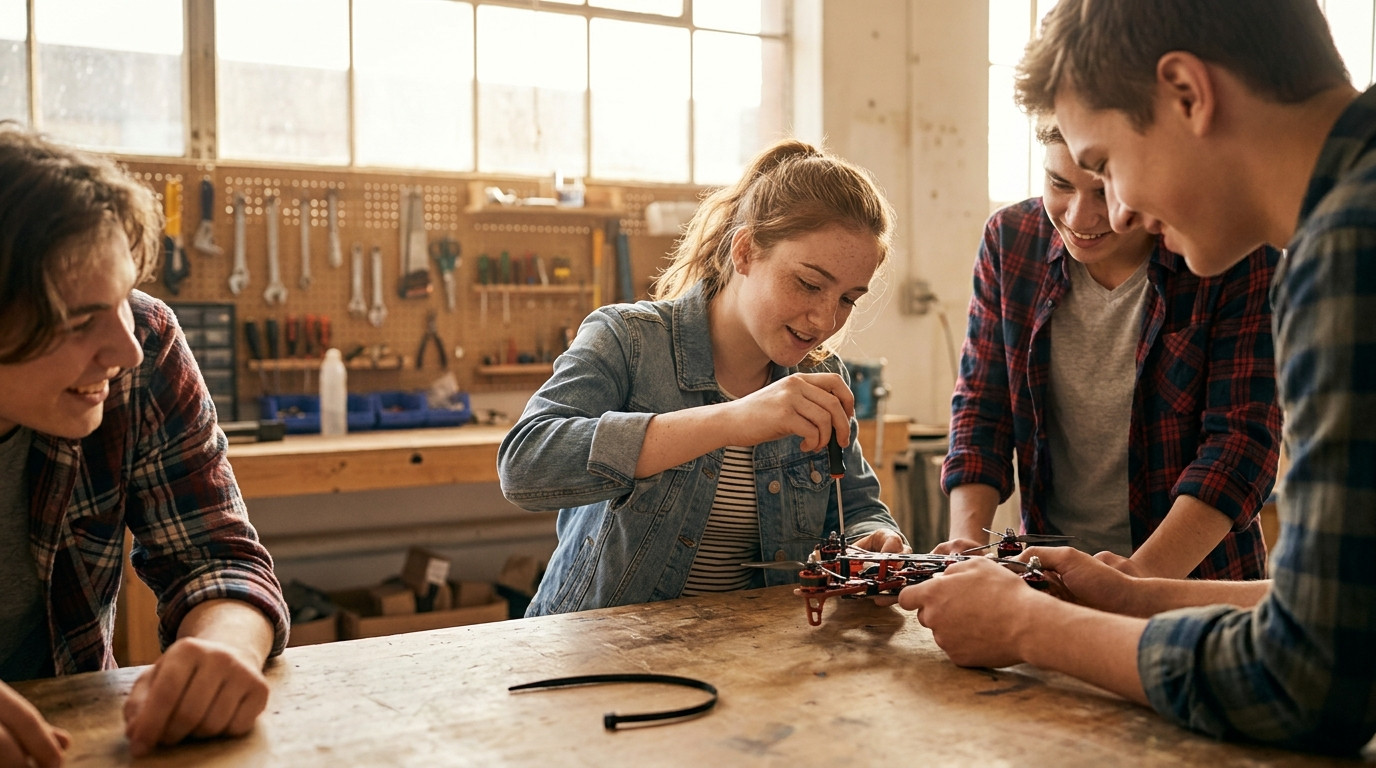 Four young interns in casual clothes gathered around a workshop table assembling a small quadcopter frame, one holding a