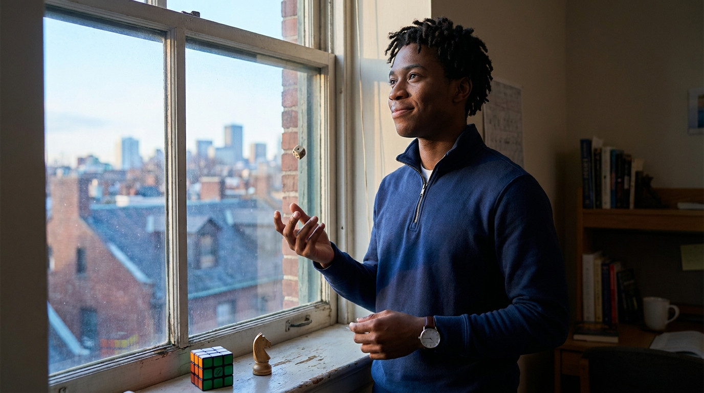 A focused college student in a quarter-zip standing at a dorm-room window at dawn, tossing a single die in one hand whil