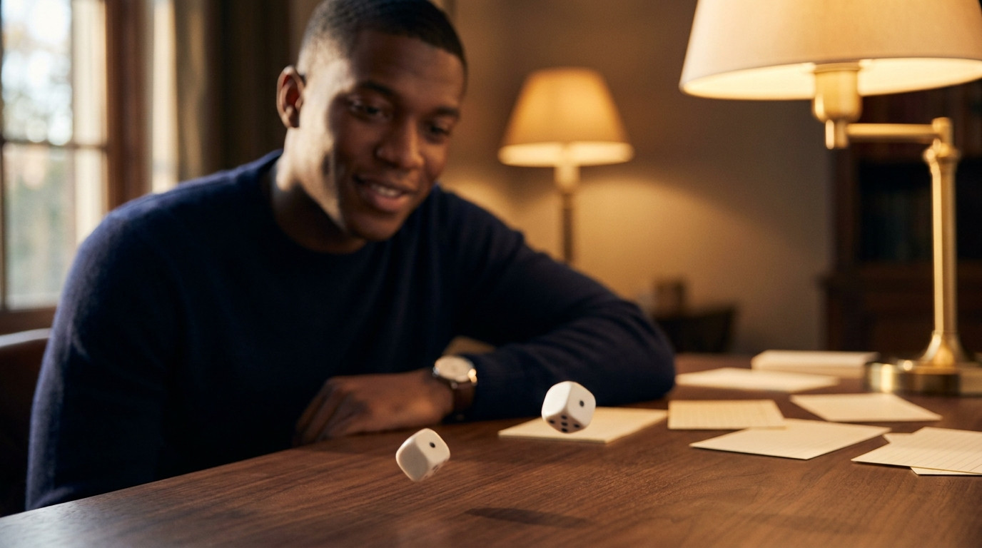 An extreme close-up of a pair of blank white dice caught mid-tumble above a walnut desk, a scattering of blank index car