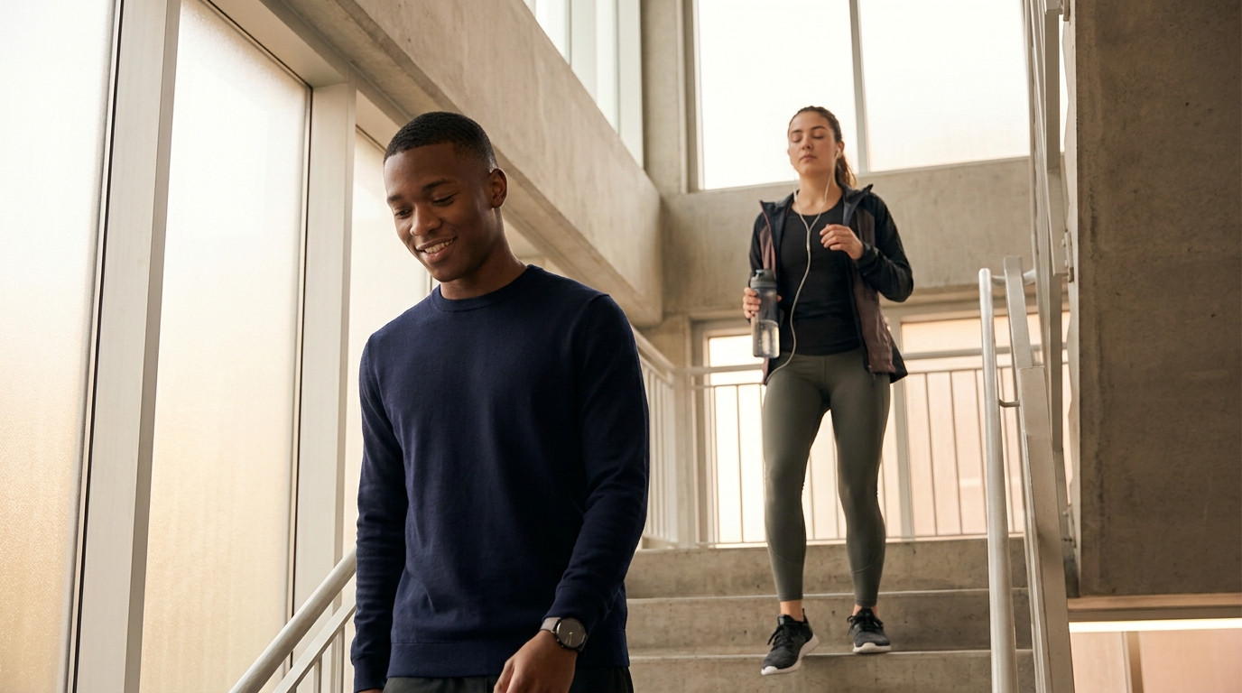 A young woman in athletic wear pausing on an empty university stairwell landing mid-climb, earbuds in and eyes closed as