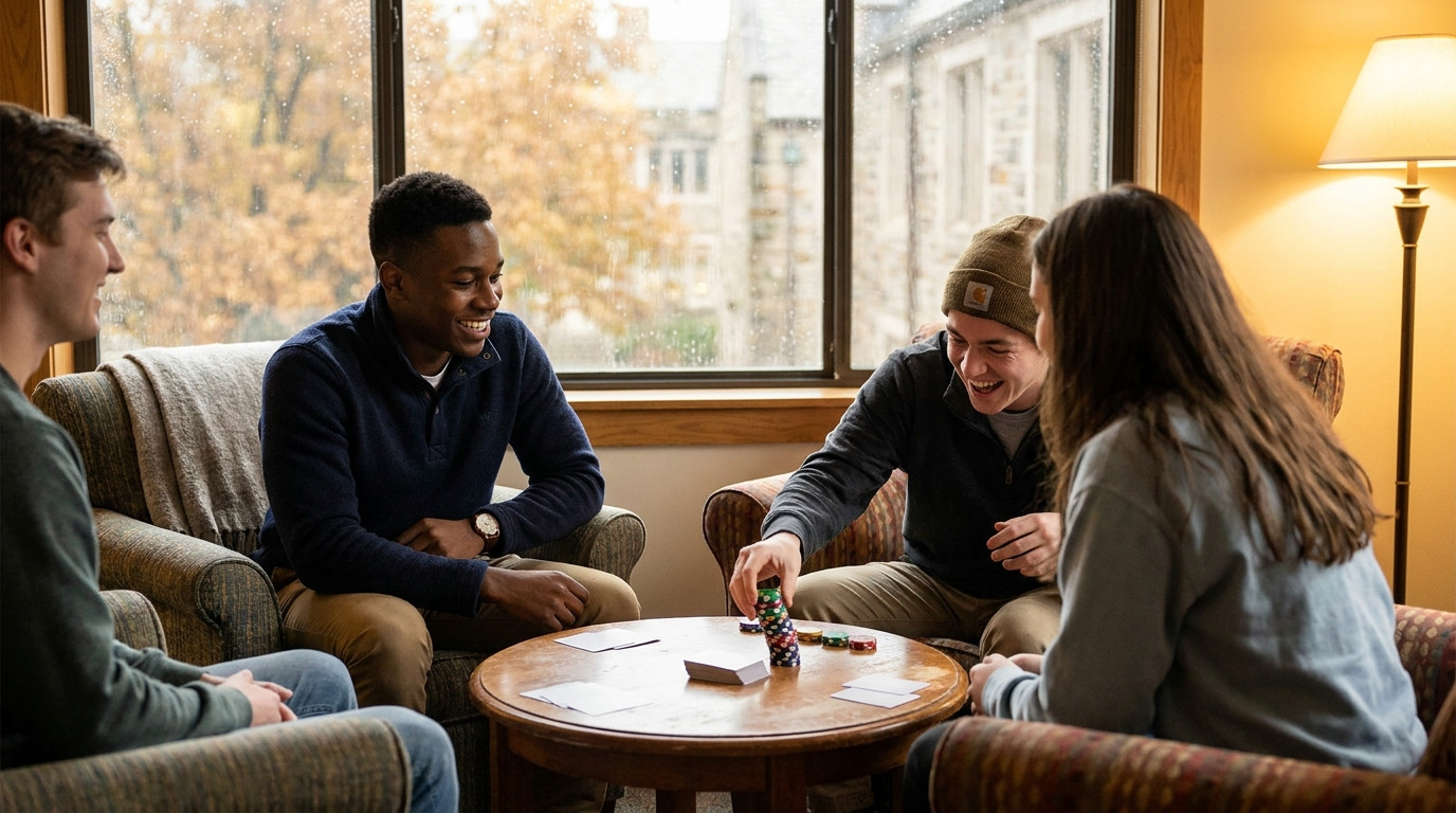 Four students gathered around a small round table in a campus common room playing a fast estimation game with blank play