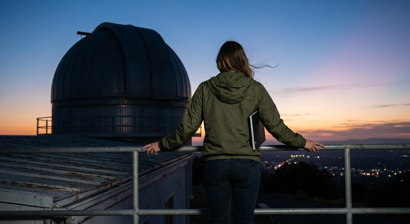 A student in a light windbreaker standing at the railing of a university observatory deck at dusk, closed notebook tucke