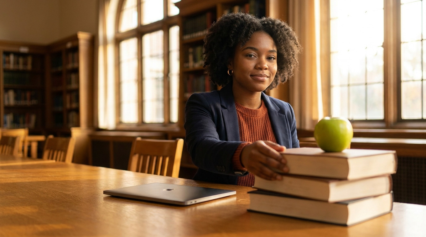 A determined college student in a navy blazer stacking three thick hardcover textbooks with plain unmarked covers into a