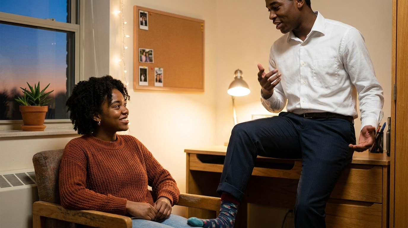 A young man in a pressed white shirt rehearsing an interview answer out loud while pacing a small dorm room, one hand ge