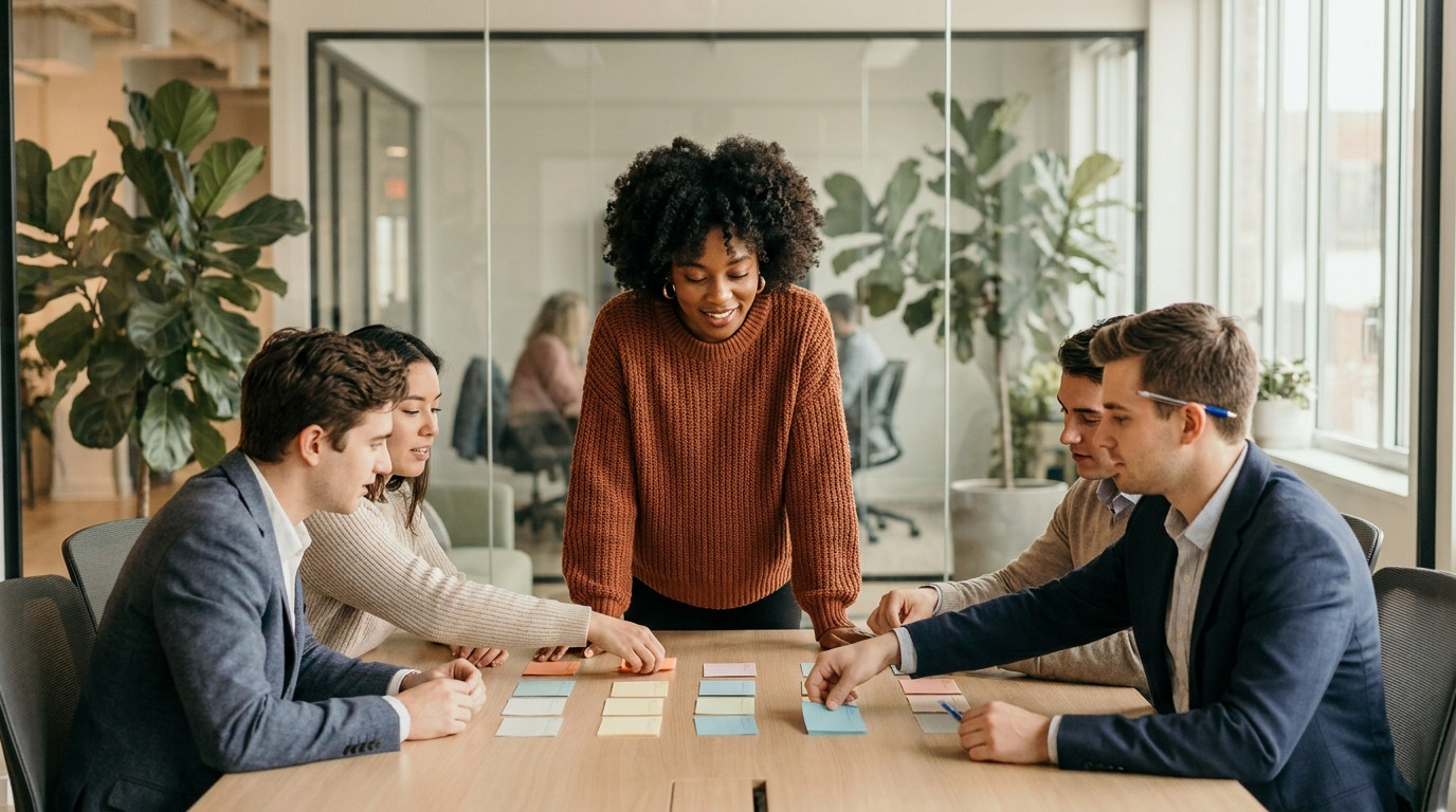 Four young professionals in business casual gathered around a light wood conference table sorting colored blank index ca