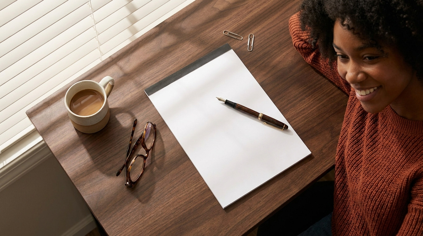 Tight close-up of a fountain pen resting diagonally across a blank white legal pad beside tortoiseshell glasses and a ha