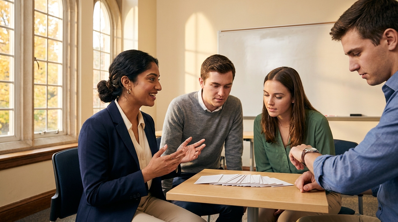 Four students in business casual running a mock interview panel around a small seminar table, one answering confidently