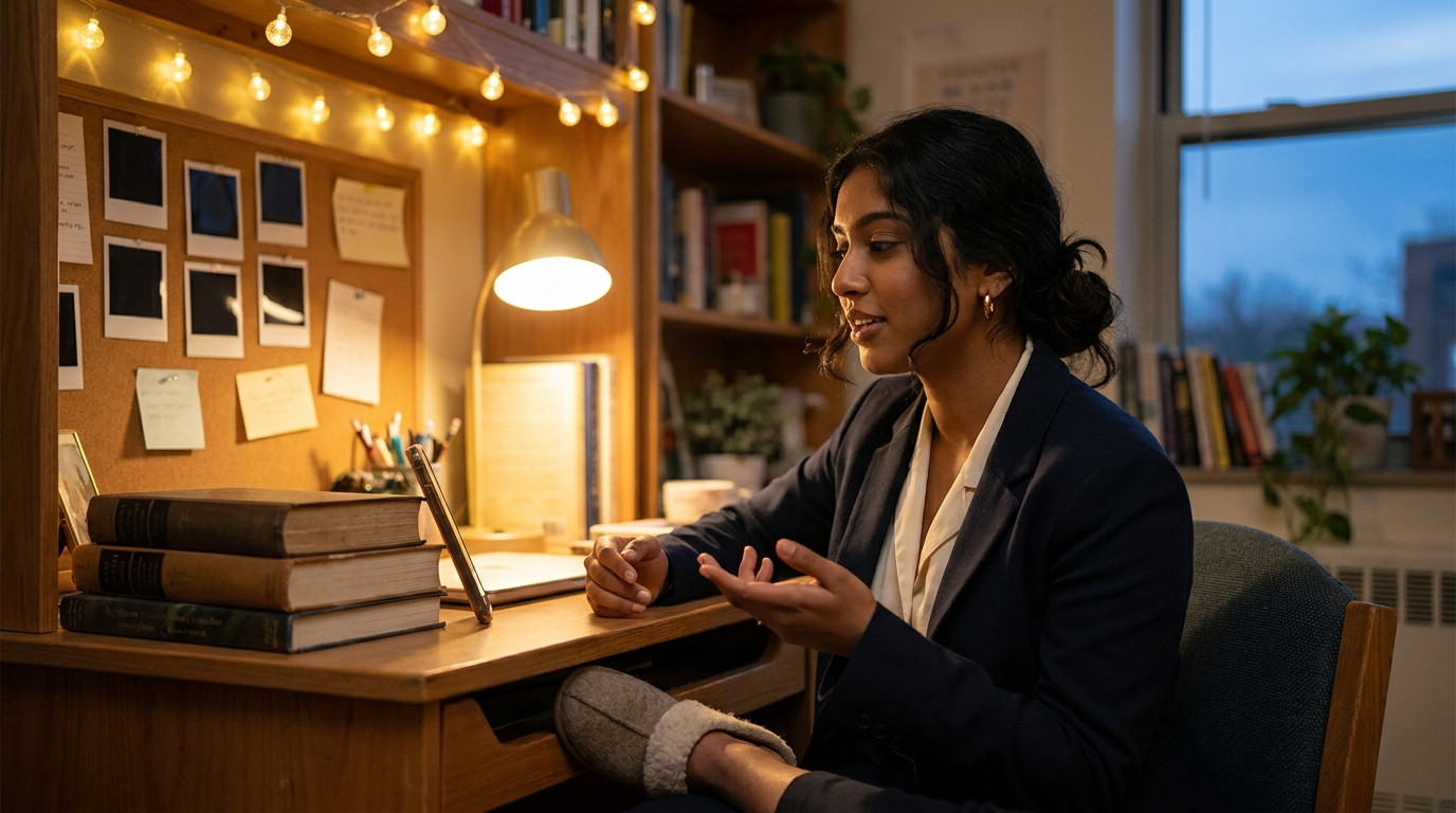 A student in a knit sweater rehearsing interview answers alone in a quiet dorm room at dusk, speaking toward a phone pro