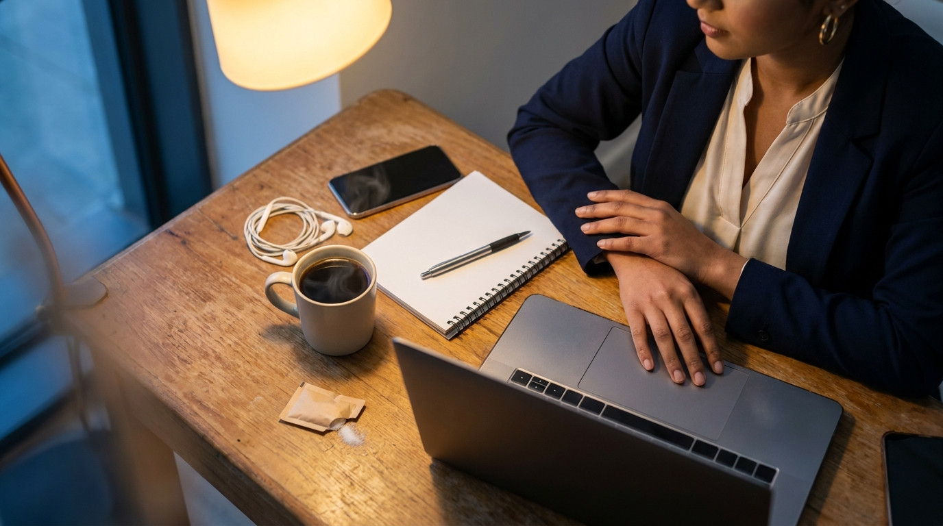 Tight overhead close-up of a wooden desk corner staged for interview practice, a closed silver laptop beside a blank spi