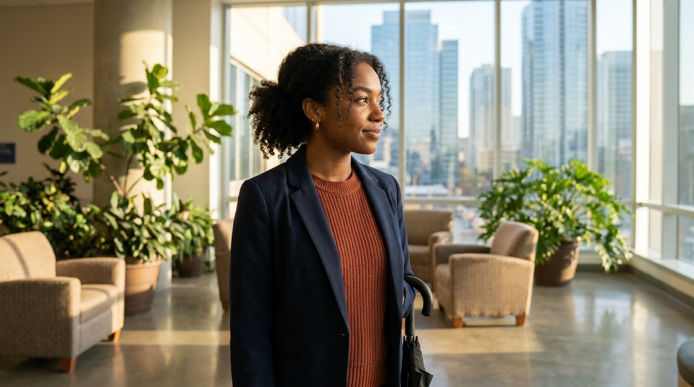 A focused college student in a navy blazer gazing out a floor-to-ceiling window toward a cluster of modern glass skyscra