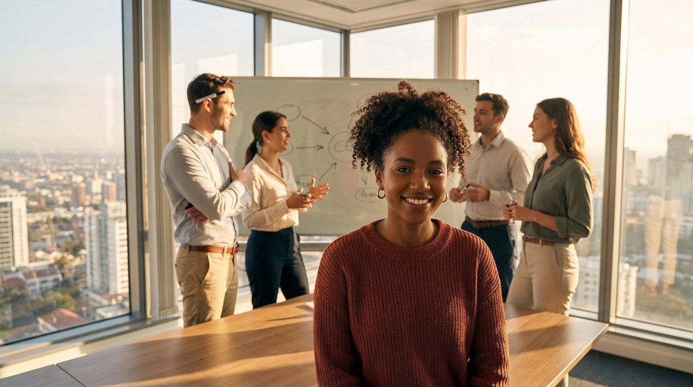 Four young professionals in business casual debating around a whiteboard marked only with hand-drawn arrows and circles,
