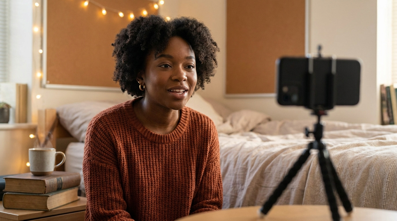 A young woman rehearsing interview answers aloud to a phone mounted on a small tripod with its screen facing away from t