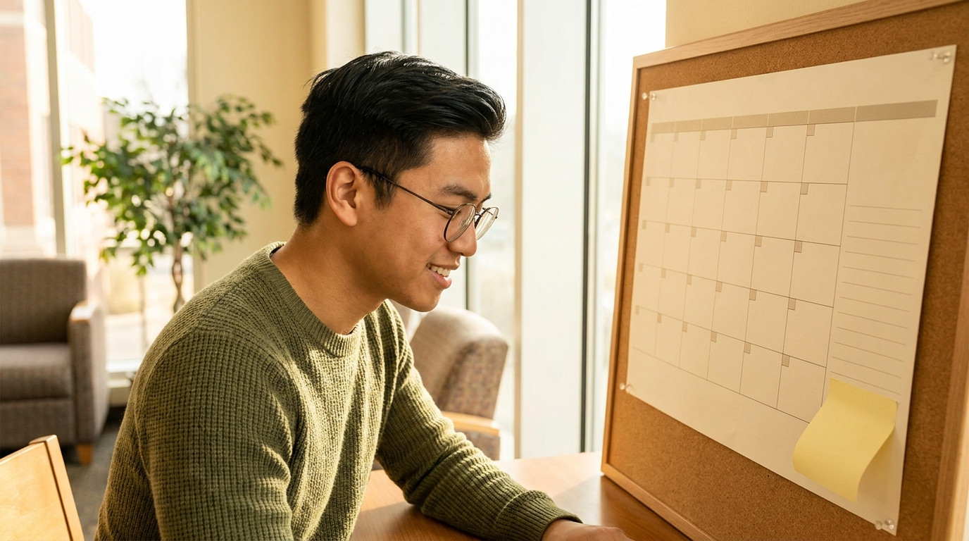 A college student in business casual studying a large blank monthly planner grid pinned to a corkboard in a bright campu