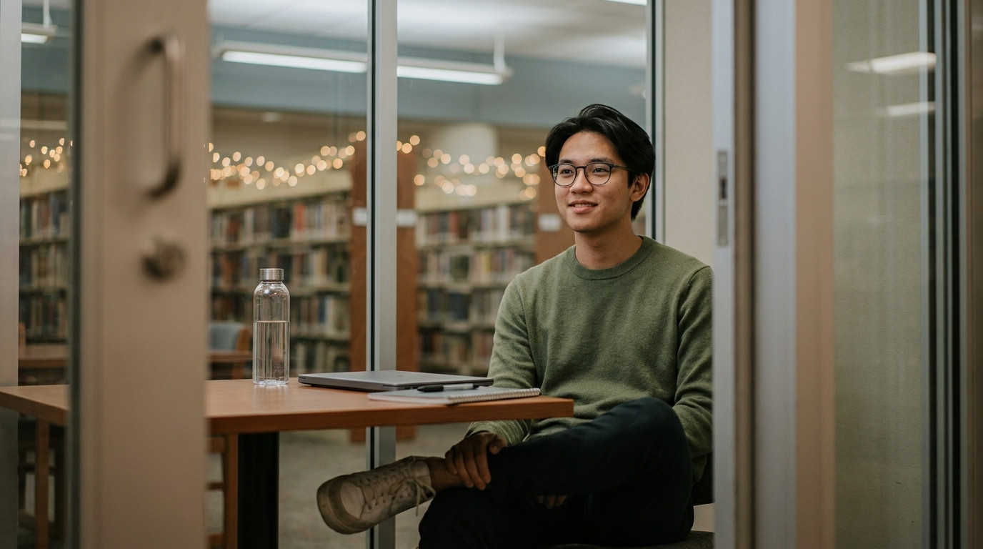 A student in a knit sweater rehearsing interview answers alone in a small glass-walled study room, closed laptop and a f