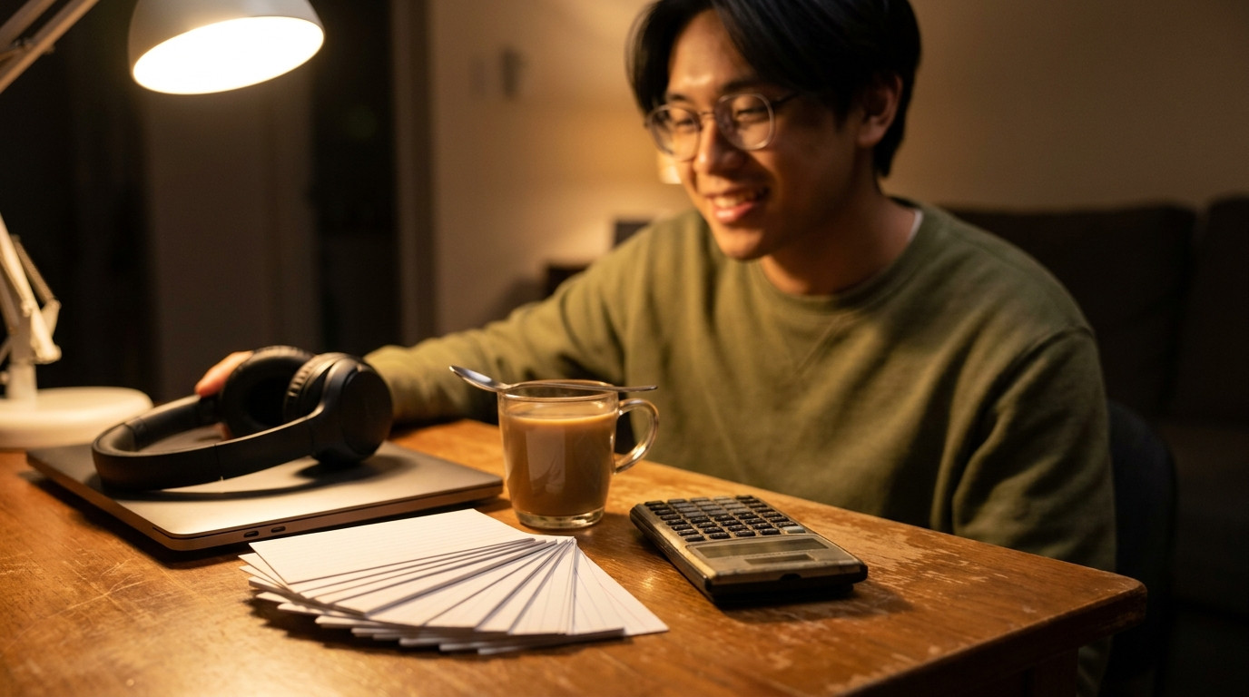 Extreme close-up of a desk corner holding a financial calculator, a fanned stack of blank index cards, and over-ear head
