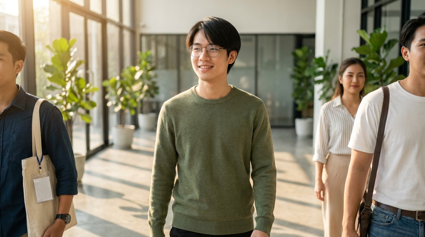 Four young professionals in business casual walking together through a sunlit modern office lobby with tall green plants