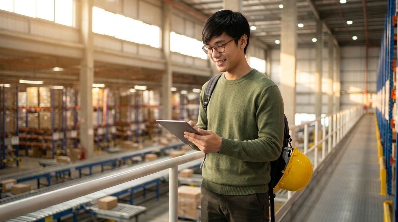 A college-aged supply chain intern in business-casual clothing standing on a mezzanine walkway inside a bright modern di