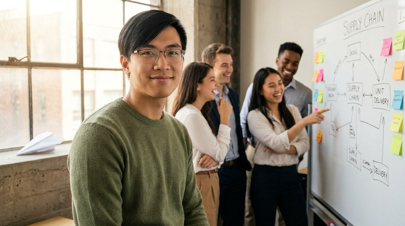 A small diverse group of four young professionals in business-casual attire standing together in a bright warehouse offi