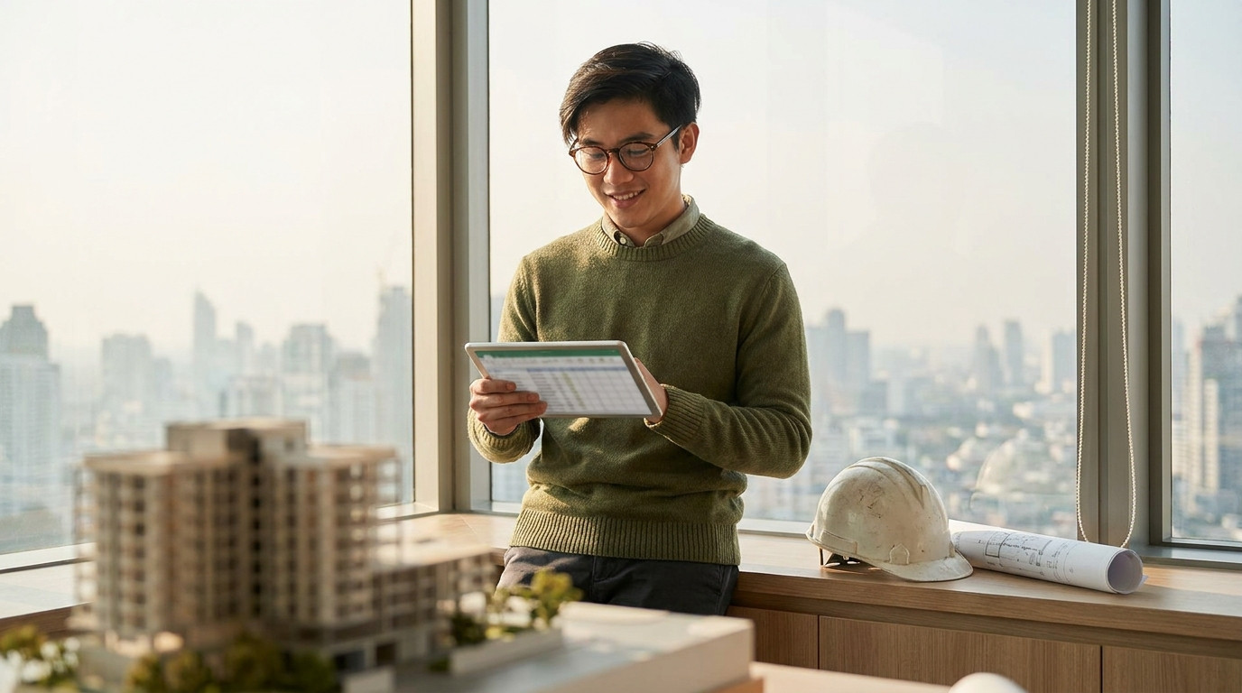 A college-aged real estate intern in business attire standing at a floor-to-ceiling office window overlooking a city sky