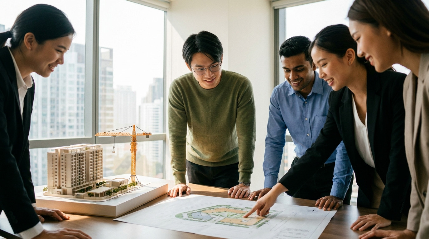 A small diverse group of four young professionals in business attire standing together in a bright office, reviewing a l