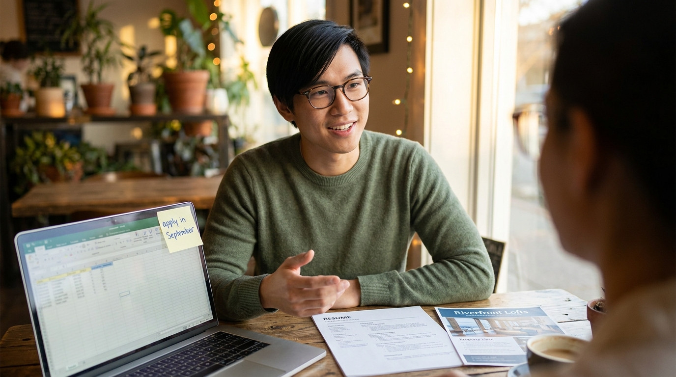 The same intern from before, now seated at a cafe table with a laptop open, gesturing while explaining a deal to someone