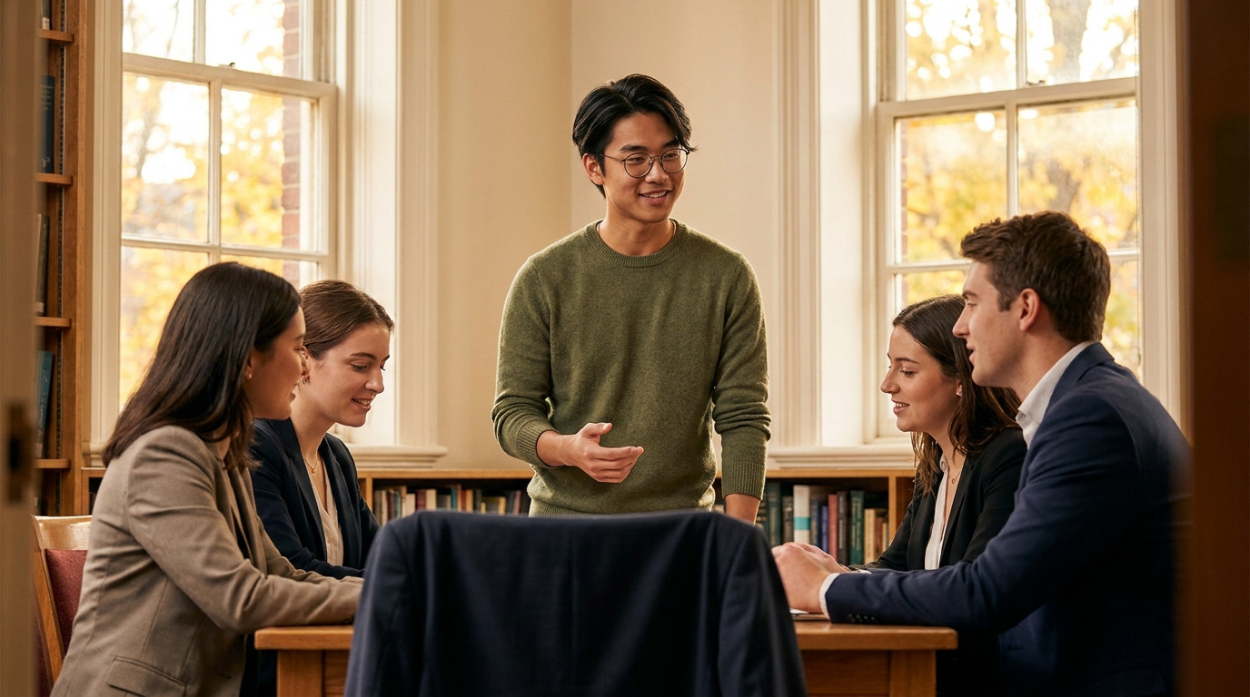 Four students in business casual running a mock final-round interview in a small seminar room, one standing mid-answer w